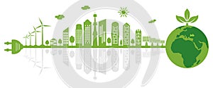 Silhouette of green city with mirror reflection. Electrical cable with plug is connecting to planet earth. Environment