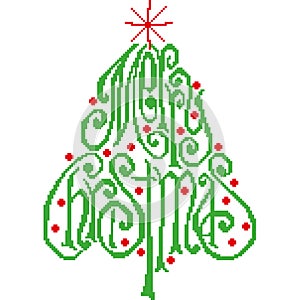 Silhouette of a green fir with the inscription Merry Christmas on a white background painted by squares, pixels