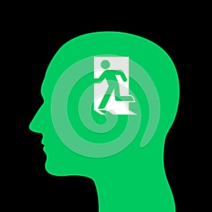 Silhouette of green head with symbol of exit - mental escaping from thought and thinking. Intellect and intellectual abandonment.