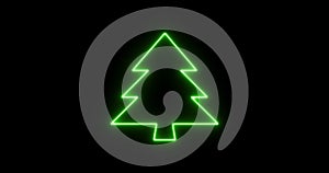 Silhouette of a green neon Christmas tree of a pine tree, isolate on a black background, design element in the figure of