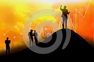 Silhouette group business people standing outdoor discuss,leader of organization standing on mountain,use hand touch icon and