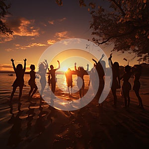 Silhouette of a young women on a sunset beach. Jumping young girls with reflection on the beach.