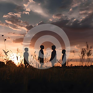 Silhouette of a group of children at sunset talking and playing in nature. Generative ai