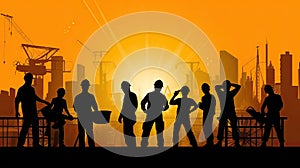 Silhouette of a Group of Construction Workers doing happy Work poses wearing safety guards and plastic helmets. flat vector