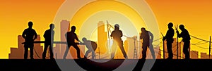 Silhouette of a Group of Construction Workers doing happy Work poses wearing safety guards and plastic helmets. flat vector