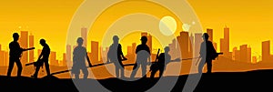 Silhouette of a Group of Construction Workers doing happy Work poses wearing safety guards and plastic helmets. flat vector