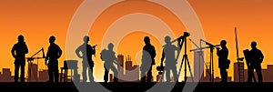 Silhouette of a Group of Construction Workers doing happy Work poses wearing safety guards and plastic helmets. flat vector