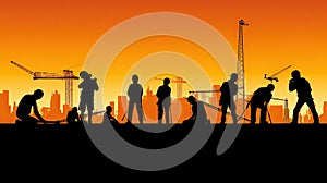 Silhouette of a Group of Construction Workers doing happy Work poses wearing safety guards and plastic helmets. flat vector