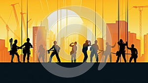 Silhouette of a Group of Construction Workers doing happy Work poses wearing safety guards and plastic helmets. flat vector