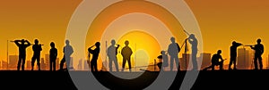 Silhouette of a Group of Construction Workers doing happy Work poses wearing safety guards and plastic helmets. flat vector