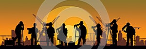 Silhouette of a Group of Construction Workers doing happy Work poses wearing safety guards and plastic helmets. flat vector