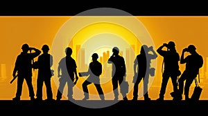 Silhouette of a Group of Construction Workers doing happy Work poses wearing safety guards and plastic helmets. flat vector