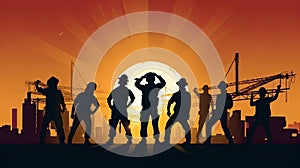 Silhouette of a Group of Construction Workers doing happy Work poses wearing safety guards and plastic helmets. flat vector