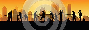 Silhouette of a Group of Construction Workers doing happy Work poses wearing safety guards and plastic helmets. flat vector