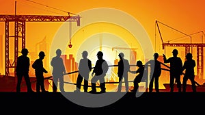 Silhouette of a Group of Construction Workers doing happy Work poses wearing safety guards and plastic helmets. flat vector