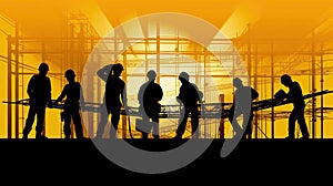 Silhouette of a Group of Construction Workers doing happy Work poses wearing safety guards and plastic helmets. flat vector