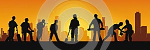 Silhouette of a Group of Construction Workers doing happy Work poses wearing safety guards and plastic helmets. flat vector