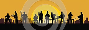 Silhouette of a Group of Construction Workers doing happy Work poses wearing safety guards and plastic helmets. flat vector