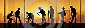 Silhouette of a Group of Construction Workers doing happy Work poses wearing safety guards and plastic helmets. flat vector