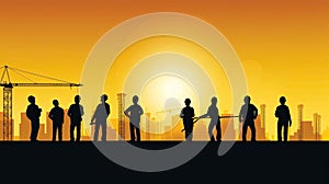 Silhouette of a Group of Construction Workers doing happy Work poses wearing safety guards and plastic helmets. flat vector