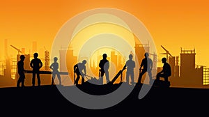 Silhouette of a Group of Construction Workers doing happy Work poses wearing safety guards and plastic helmets. flat vector