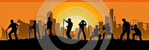 Silhouette of a Group of Construction Workers doing happy Work poses wearing safety guards and plastic helmets. flat vector