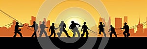 Silhouette of a Group of Construction Workers doing happy Work poses wearing safety guards and plastic helmets. flat vector