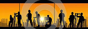 Silhouette of a Group of Construction Workers doing happy Work poses wearing safety guards and plastic helmets. flat vector