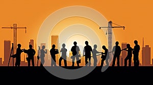 Silhouette of a Group of Construction Workers doing happy Work poses wearing safety guards and plastic helmets. flat vector