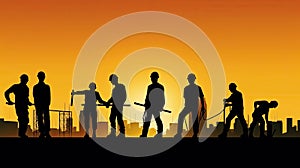 Silhouette of a Group of Construction Workers doing happy Work poses wearing safety guards and plastic helmets. flat vector