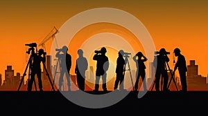 Silhouette of a Group of Construction Workers doing happy Work poses wearing safety guards and plastic helmets. flat vector