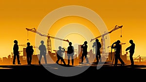 Silhouette of a Group of Construction Workers doing happy Work poses wearing safety guards and plastic helmets. flat vector