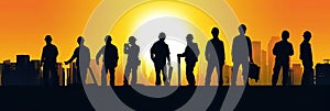 Silhouette of a Group of Construction Workers doing happy Work poses wearing safety guards and plastic helmets. flat vector