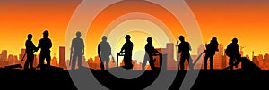 Silhouette of a Group of Construction Workers doing happy Work poses wearing safety guards and plastic helmets. flat vector