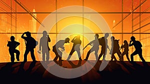 Silhouette of a Group of Construction Workers doing happy Work poses wearing safety guards and plastic helmets. flat vector