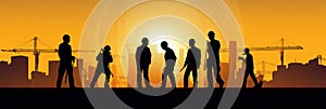 Silhouette of a Group of Construction Workers doing happy Work poses wearing safety guards and plastic helmets. flat vector