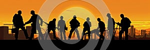 Silhouette of a Group of Construction Workers doing happy Work poses wearing safety guards and plastic helmets. flat vector