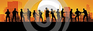 Silhouette of a Group of Construction Workers doing happy Work poses wearing safety guards and plastic helmets. flat vector