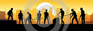 Silhouette of a Group of Construction Workers doing happy Work poses wearing safety guards and plastic helmets. flat vector