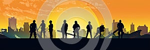 Silhouette of a Group of Construction Workers doing happy Work poses wearing safety guards and plastic helmets. flat vector