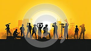 Silhouette of a Group of Construction Workers doing happy Work poses wearing safety guards and plastic helmets. flat vector