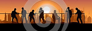 Silhouette of a Group of Construction Workers doing happy Work poses wearing safety guards and plastic helmets. flat vector