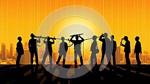 Silhouette of a Group of Construction Workers doing happy Work poses wearing safety guards and plastic helmets. flat vector