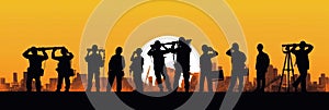 Silhouette of a Group of Construction Workers doing happy Work poses wearing safety guards and plastic helmets. flat vector