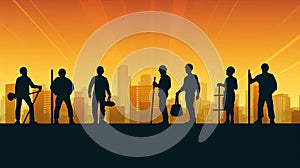 Silhouette of a Group of Construction Workers doing happy Work poses wearing safety guards and plastic helmets. flat vector