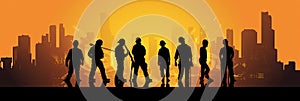 Silhouette of a Group of Construction Workers doing happy Work poses wearing safety guards and plastic helmets. flat vector