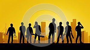 Silhouette of a Group of Construction Workers doing happy Work poses wearing safety guards and plastic helmets. flat vector