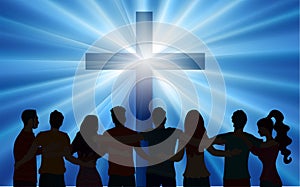 Silhouette group of embraced people looking at the luminous Christian cross.Concept Resurrection Jesus Christ. Easter. Crucifix wi