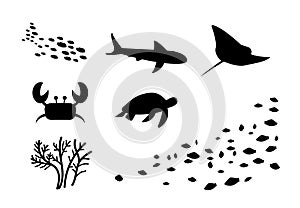 Silhouette of group fish,stingray, crab, turtle, coral