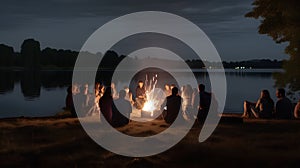 Silhouette of a group of friends sitting around a campfire on the shore of a lake at night